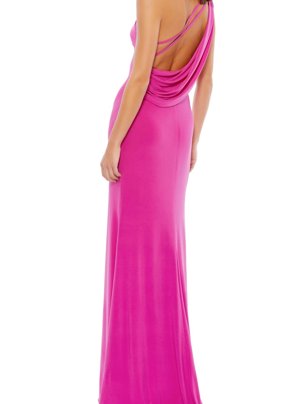 Mac Duggal Jersey One Shoulder Draped Back Gown in Fuchsia / Candy Pink